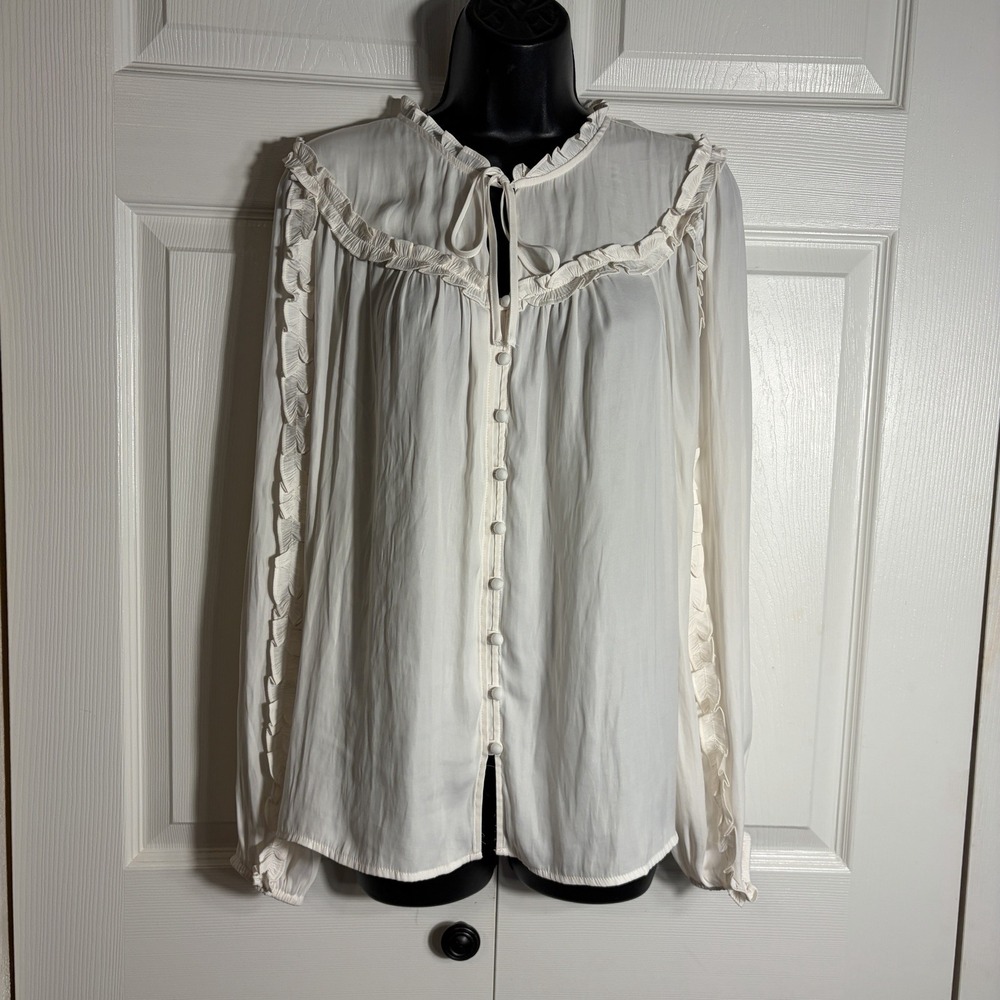 LOFT Ruffle Trim Button Front Blouse Women M Cream Keyhole Neck Long Sleeve Top